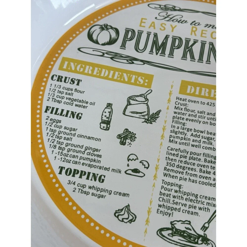 Ceramic Pumpkin Pie Plate With Recipe Yellow Pie Pan 11” Round